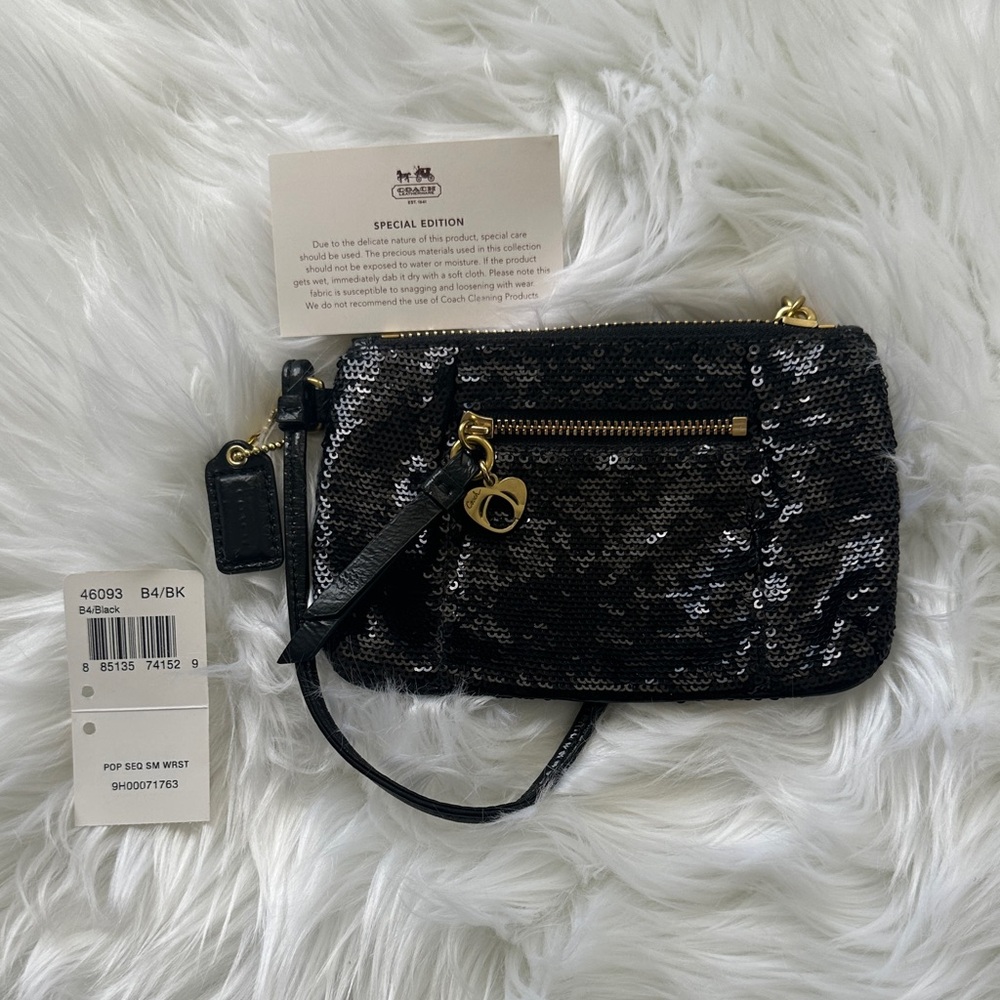 Coach Black Sequin Wristlet with Gold Accents